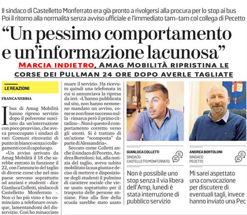 Trasporti – ripristinate le corse da Alessandria verso Castelletto e Pecetto